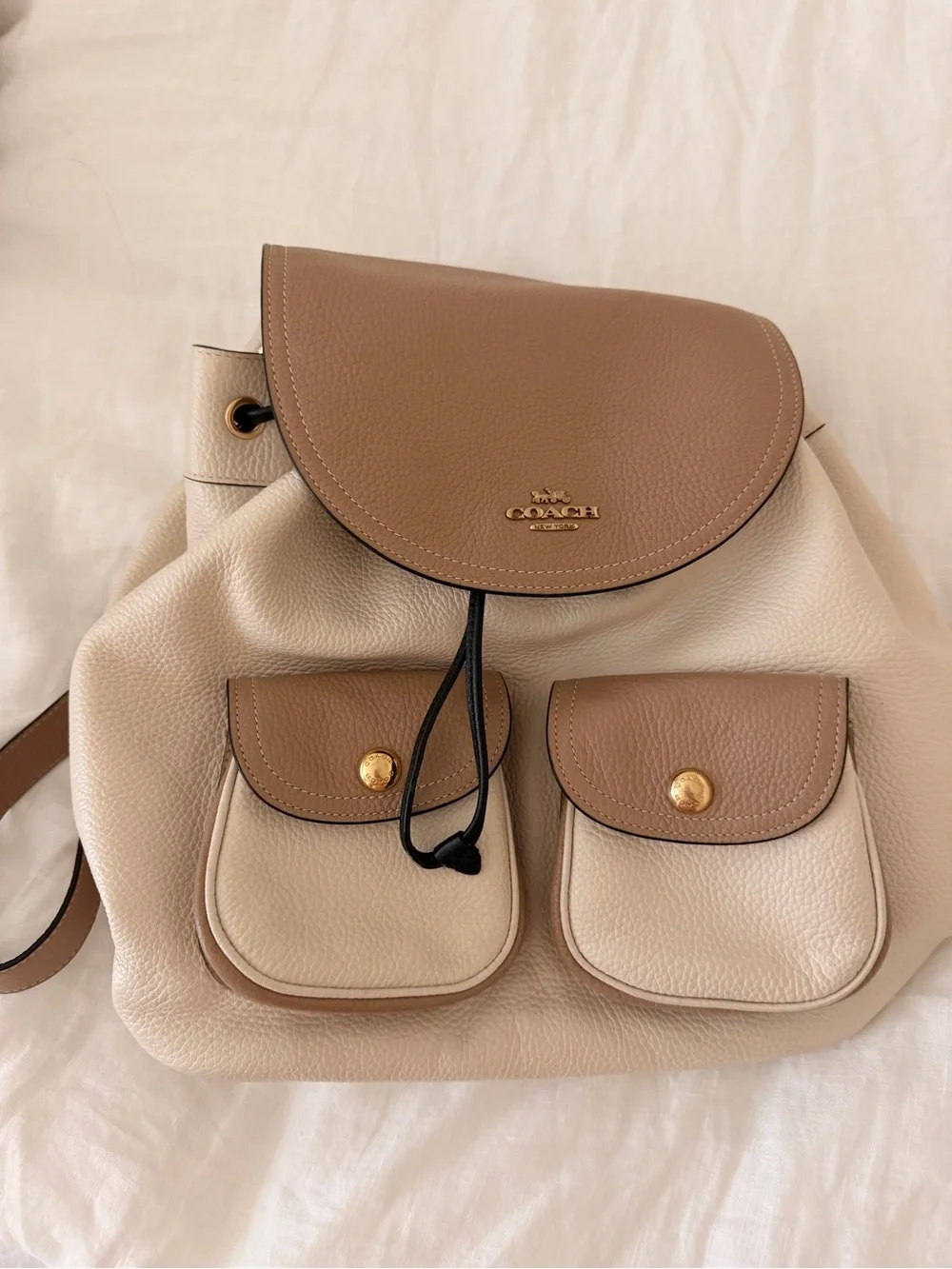 Coach Beige & Tan Leather Drawstring Backpack with Front Pockets